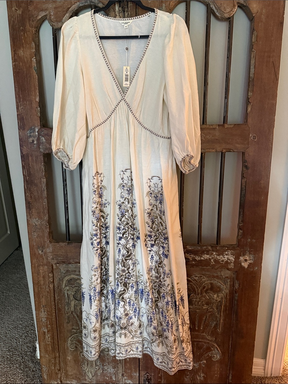 Max Studio Cream Maxi Dress with Blue Floral Border